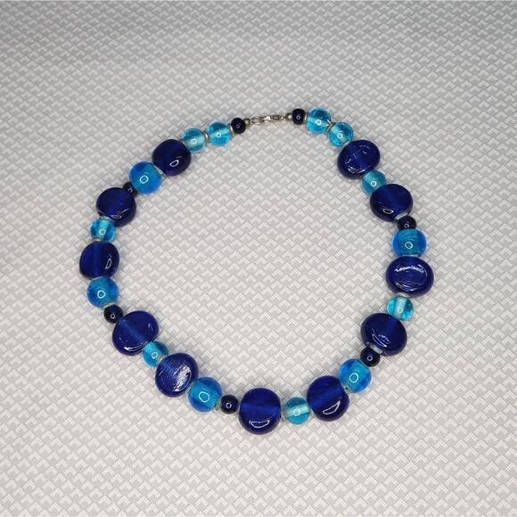 Chunky Blue Glass Beaded Necklace Retro Statement Jewelry - Picture 3 of 8